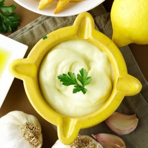 Aioli sauce in a mortar. Top view.